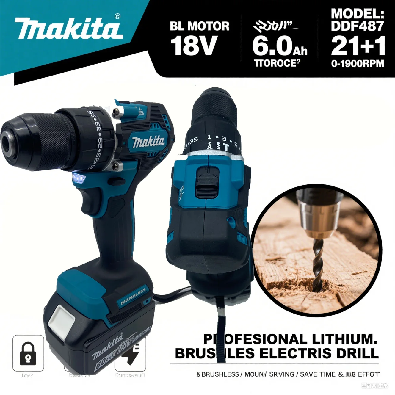 

Makita DDF487 13mm Brushless 18V Lithium-Ion Charging Impact Drill High Torque Household Electric Screwdriver