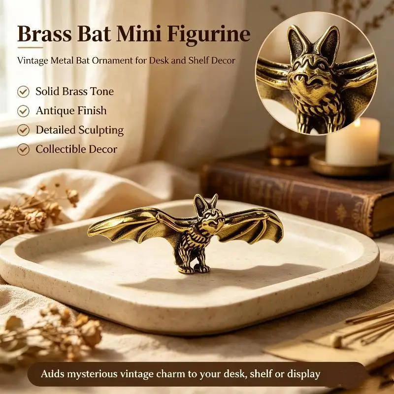 Antique Bronze Bat Figurine Miniature Brass Sculpture Handmade Vintage Craft Ornament for Desktop Home Shelf Decor Gift