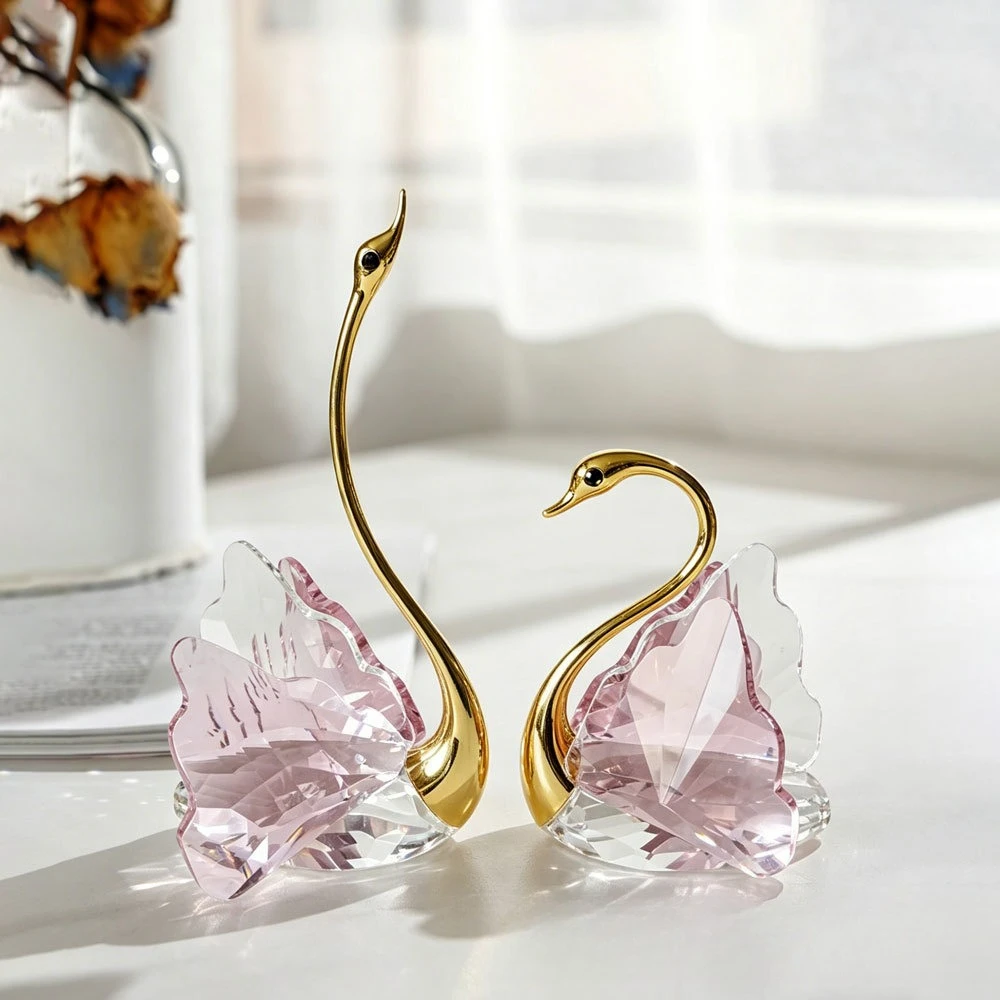 Crystal Swan Statue Set of 2,Glass Swan Figurines with Gold Neck,Romantic Home Table Decor,Valentine Wedding Anniversary Gift