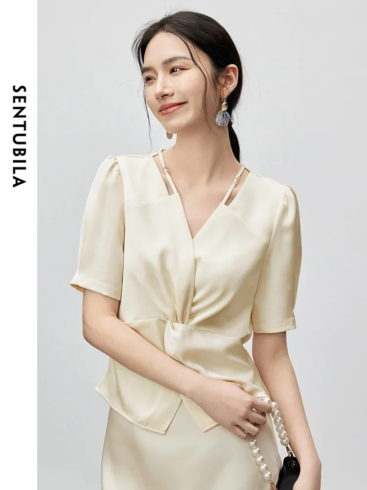 SENTUBILA Luxurious Hollow Out Blouse for Women 2024 Summer Chiffon Elegant Beading V Neck Texture Women Tops 142V54926