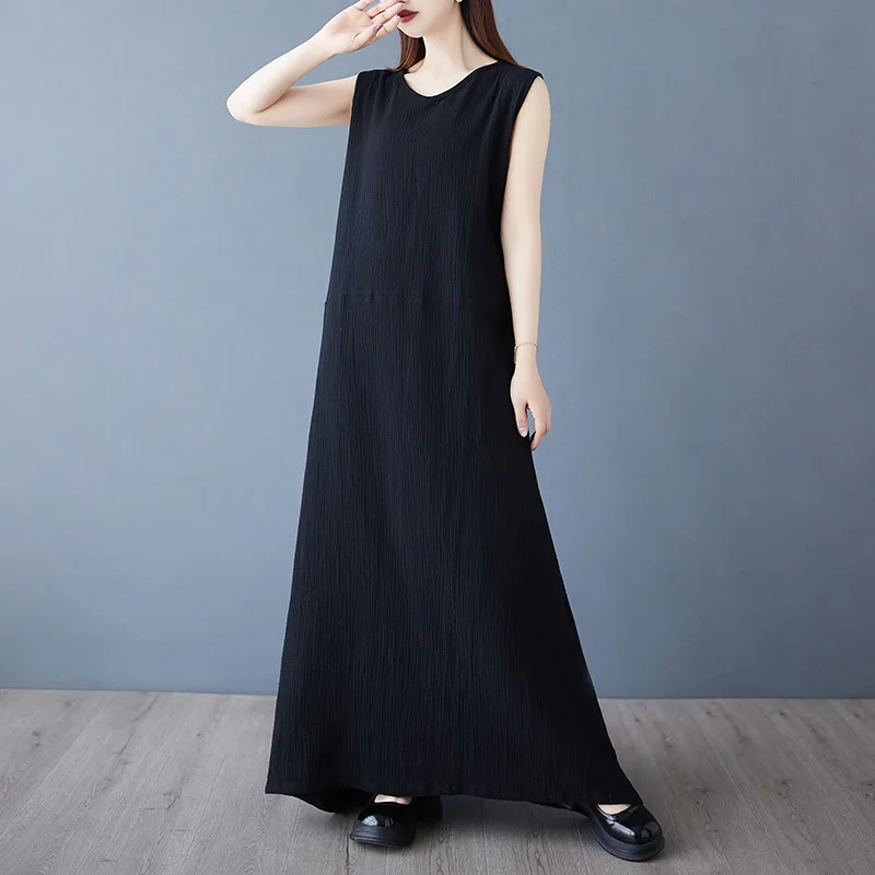 فستان أنيق بدون أكمام ورقبة على شكل V فستان صيفي طويل بحزام خلفي غير منتظم فستان ماكسي مريح فضفاض الخصر فستان الشمس