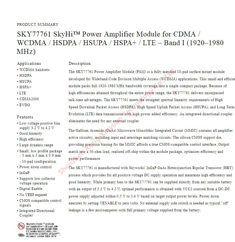 10PCS  SKY77761-11  SKY77761 77761-1 SKY77761-1  QFN   SkyHi™ Power Amplifier Module for CDMA /WCDMA / HSDPA / HSUPA / HSPA