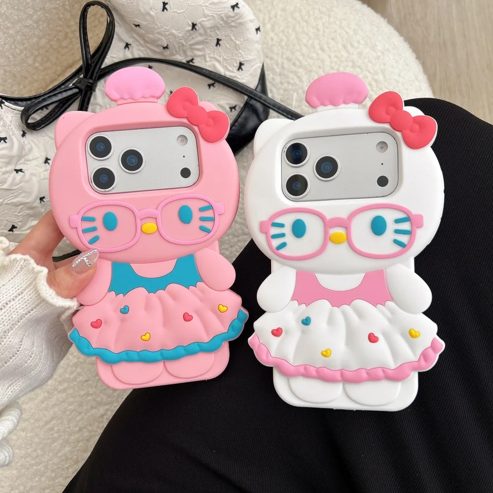 Kawaii 3D Cartoon Hello Kitty Weiche Silikon-Handyhülle für iPhone 17 16 15 14 13 Pro Max 16 Plus 17 Pro 16 Pro Stoßfeste Schutzhülle