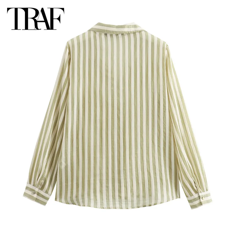 TRAF Women\'s Shirts & Blouses 2024 Spring Summer Autumn Long Sleeve Striped Shirts Ladies Fashion Casual Office Green Shirts