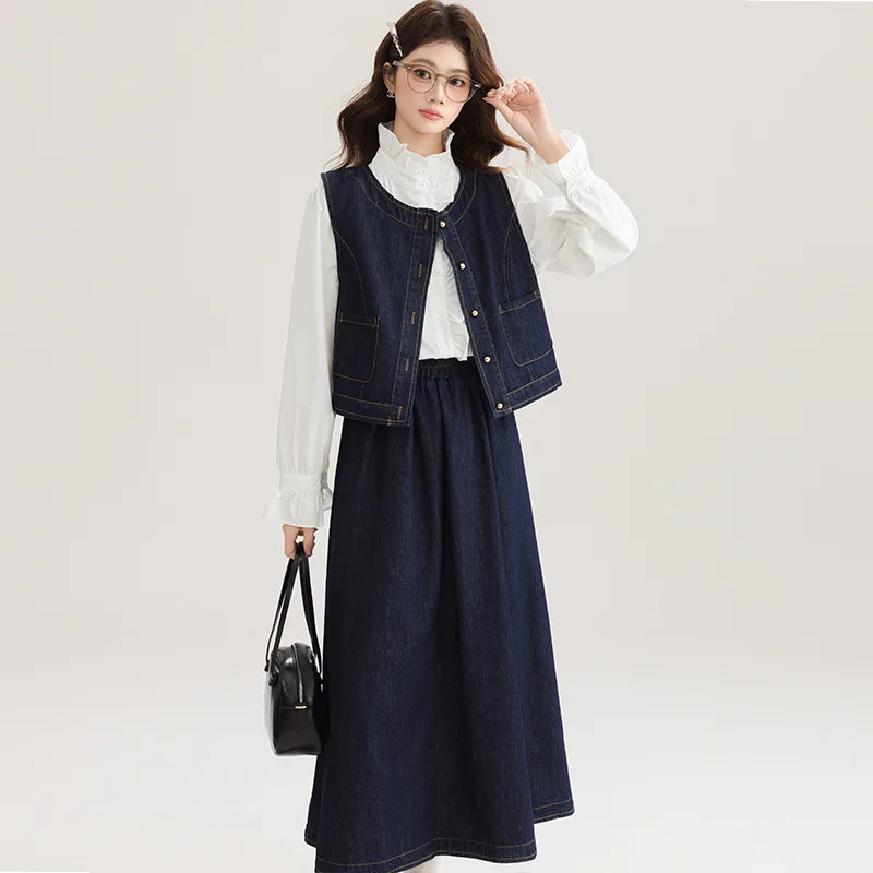 

Spring Summer New Denim Blue 2-piece Set Women Minimalist Short Vest Crop High Waist A-line Skirt Casual Versatile Office Outfit