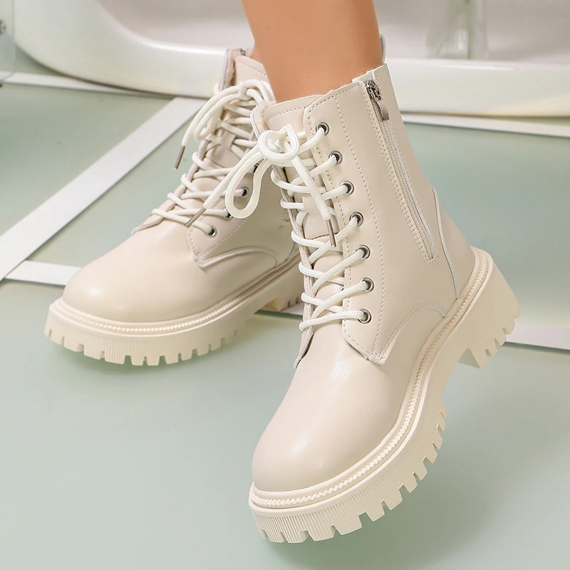 White Pu Leather Platform Ankle Boots Women 2026 Winter Warm Plush Lined Combat Boots Woman Side Zip Thick Sole Motorcycle Shoes