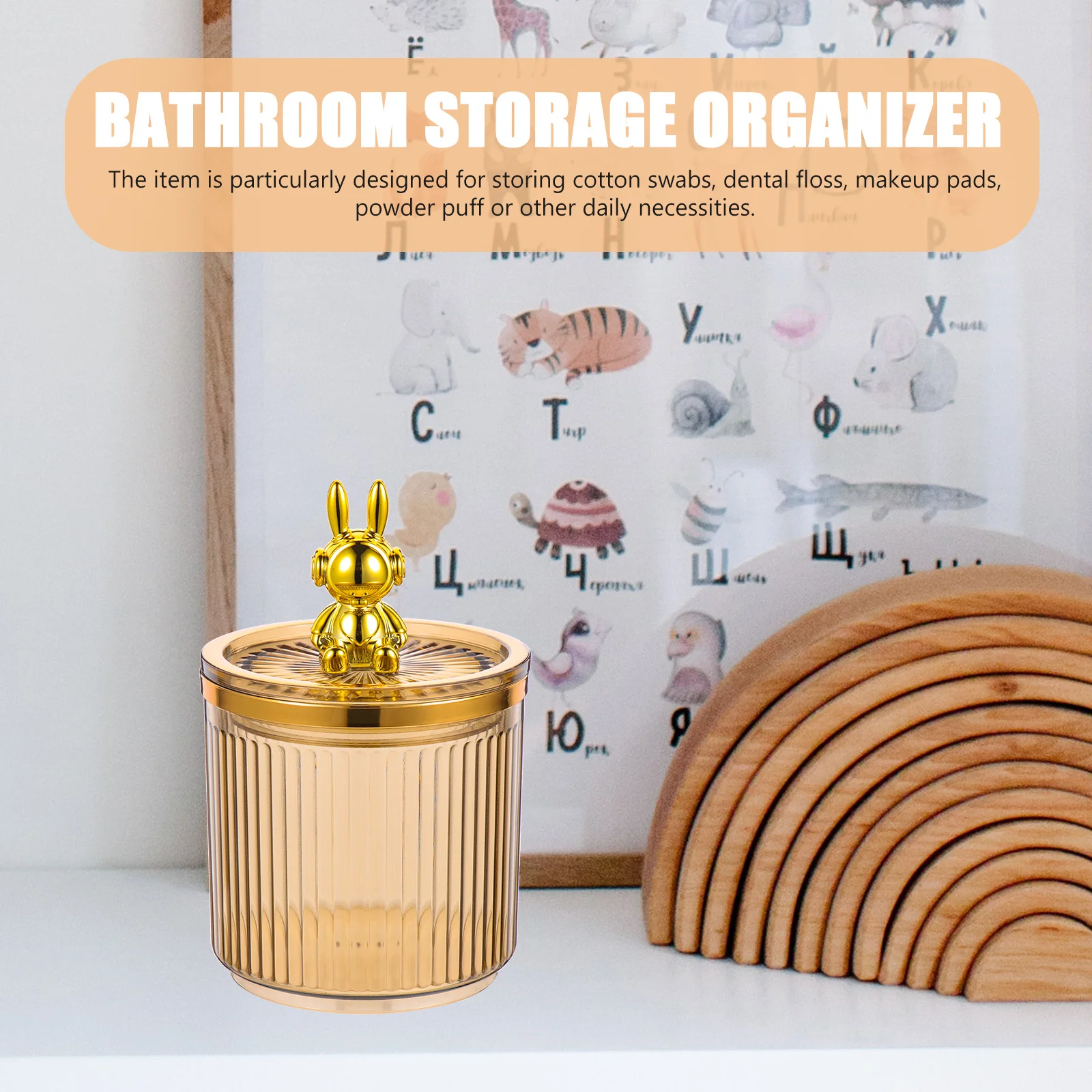 

Clear Acrylic Cotton Swab Holder Storage Jar Cartoon Astronaut Rabbit Lid Multifunctional Organizer for Makeup Pads Desktop Use