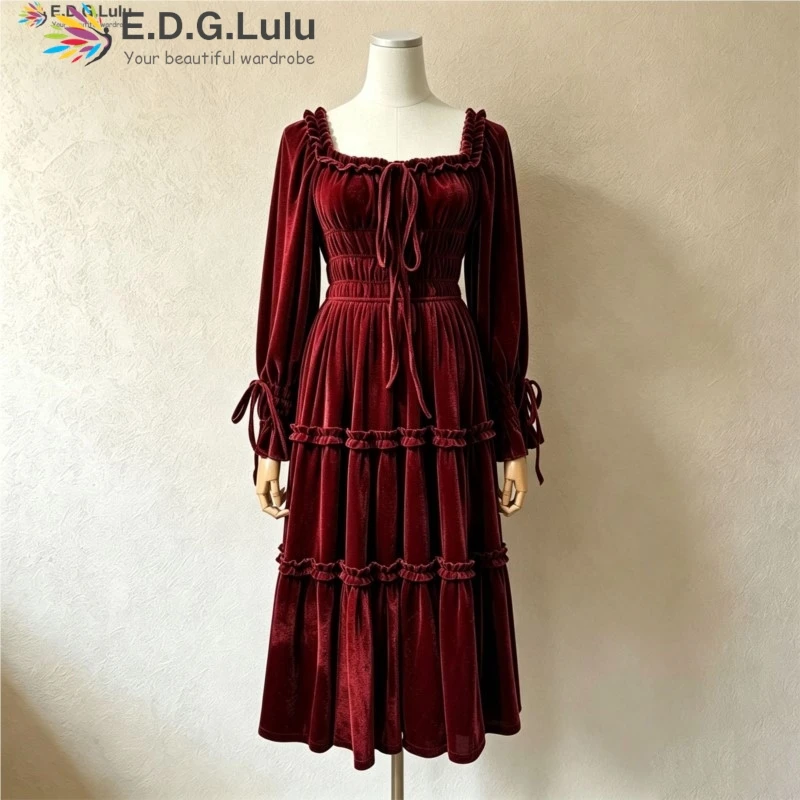 EDGLuLu Square Collar Lace-Up Fungus Edge Red Velvet Dress Woman 2026 New Long Sleeved Elegant Long Dresses 0808