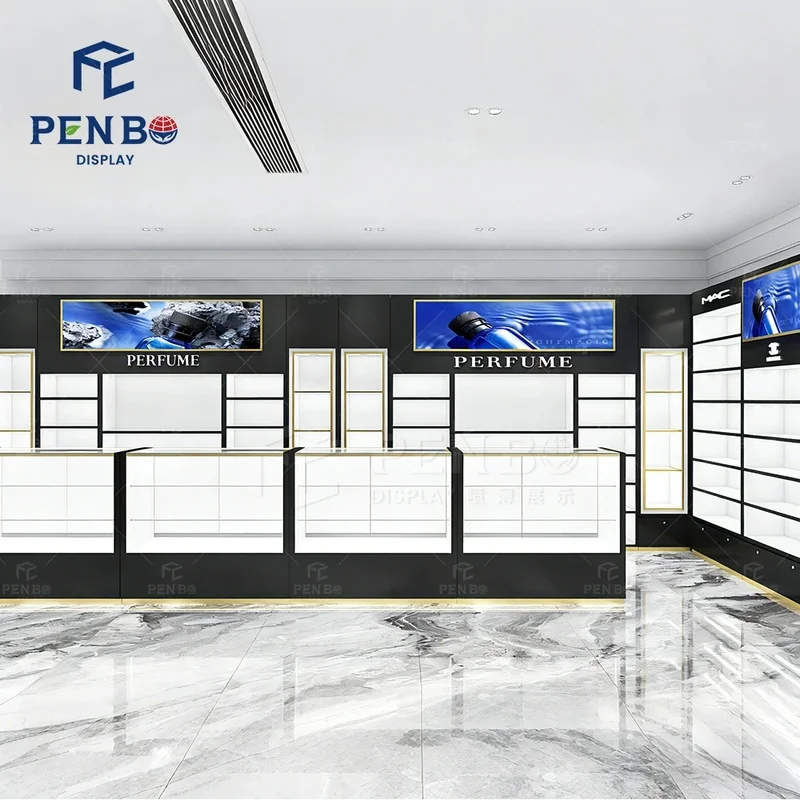 custom.High End 3D Skincare Cosmetics Store Design Decoration Black Color Perfume Cosmetic Shop Design Perfume Display