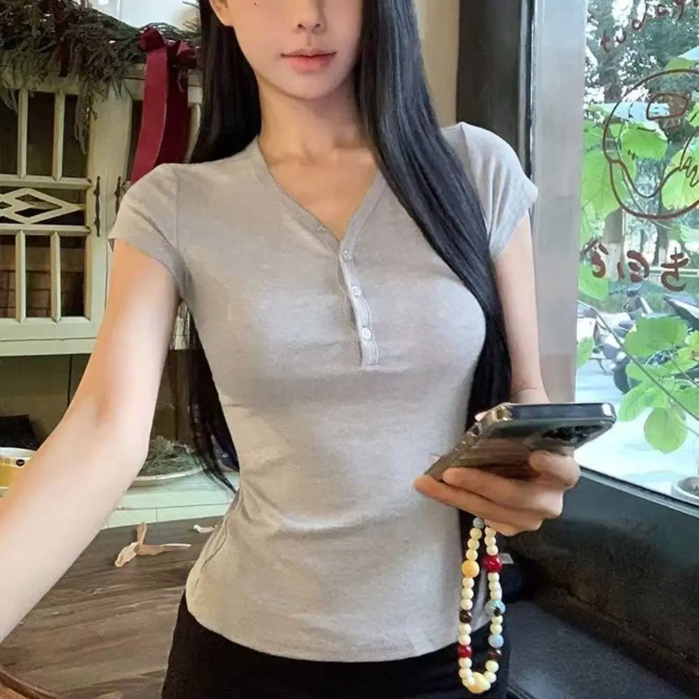 

Sweet Slim Fit Short Sleeve T-shirt Button Chic Crop Top Women Solid Color Simple V-neck Tees Top Summer