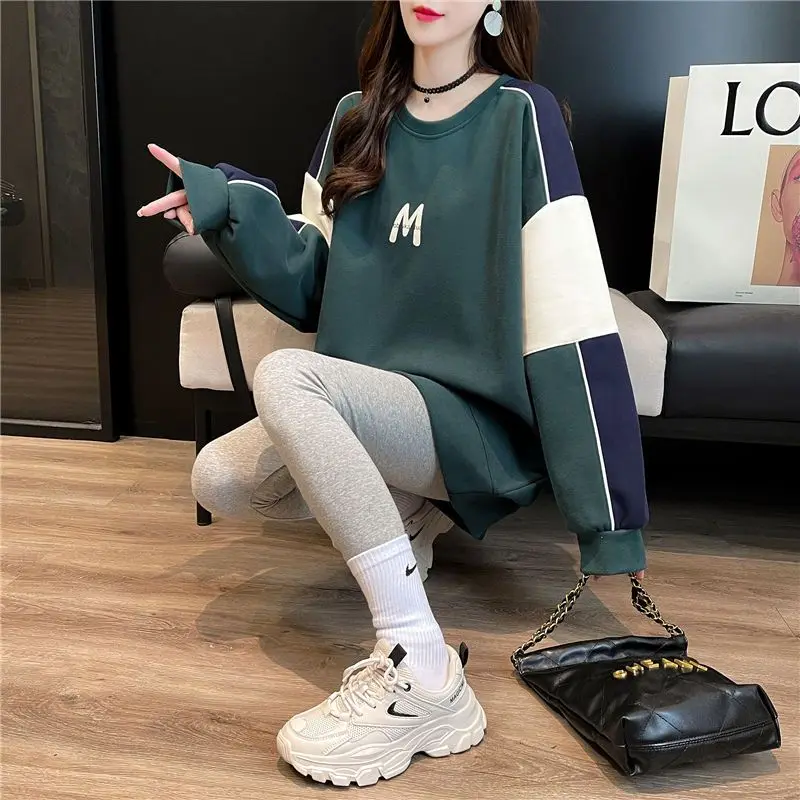 Autumn Winter Casual Patchwork O-neck Long Sleeve Mid Length Top Female All-match Letter Loose T-Shirts Women Clothing Trend