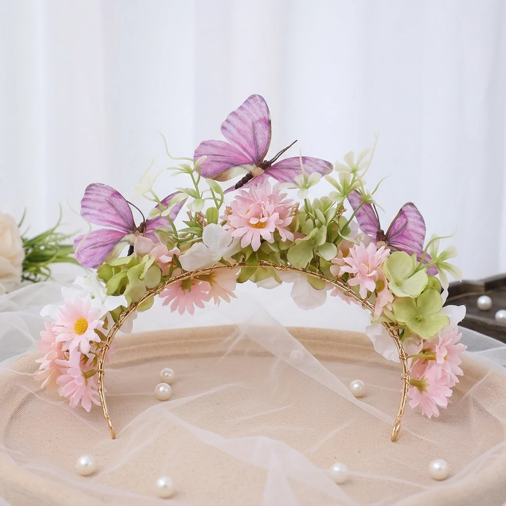 Elegant Flower Crown Butterfly Hairpiece for Hanfu Photoshoot Traditional Chinese Headwear Silk Floral Wedding Accessory view 3