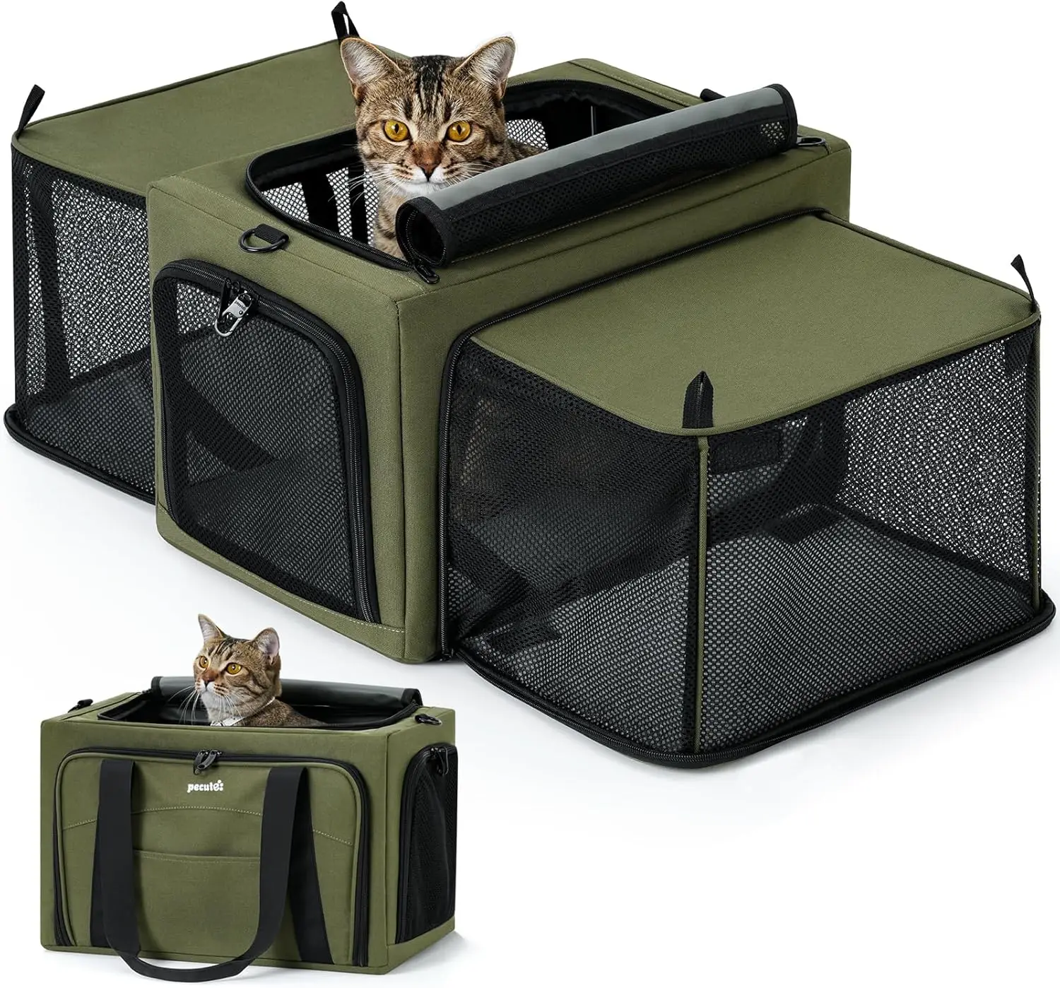 

Cat Carrier Expandable, Stable Pet Carrier with 5mm Thick Steel Wire Frame, Dual-Side 200% Larger Space, Car Travel Carrier w