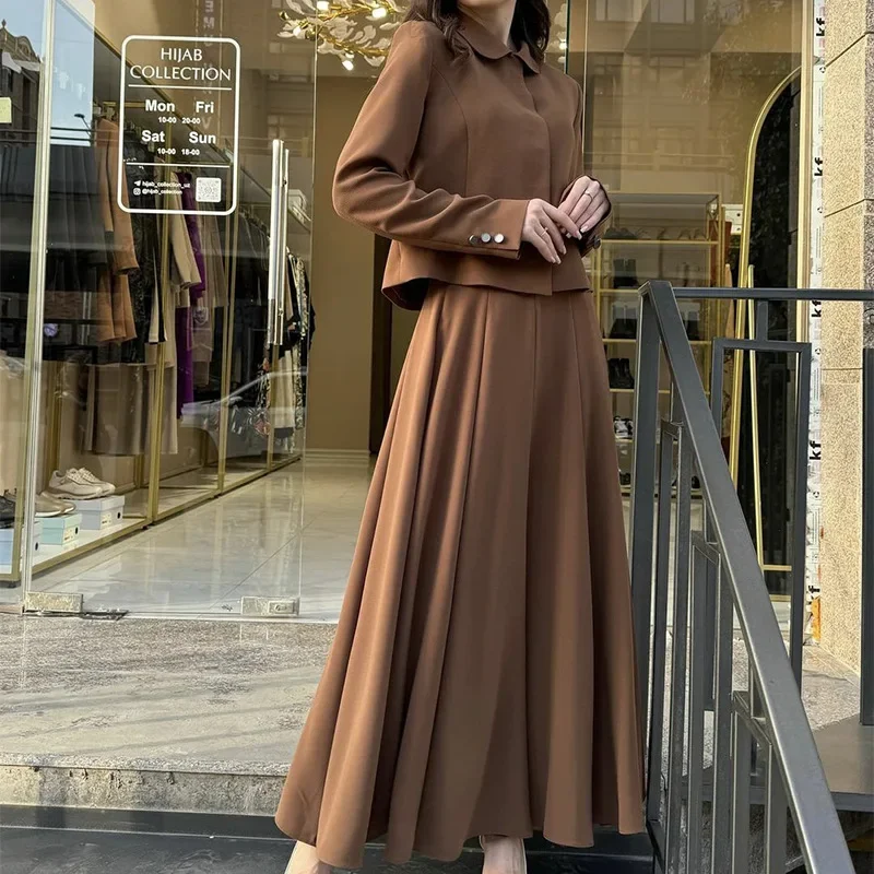 Two Piece Muslim Sets Women 2pcs Abaya Dubai Pleated Skirts Suits Kimono Kaftan Solid Set Fashion Eid 2 Piece Islam Clothing