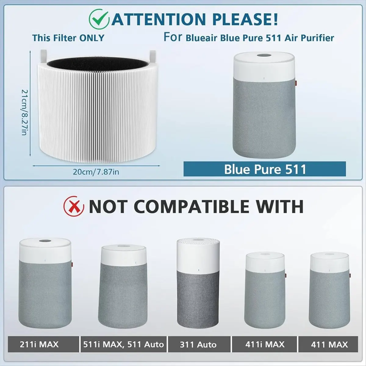 فلتر بديل A97G مكون من قطعتين 511، متوافق مع منقي الهواء Blue Air Blue Pure 511، مرشحات True H13 HEPA #5