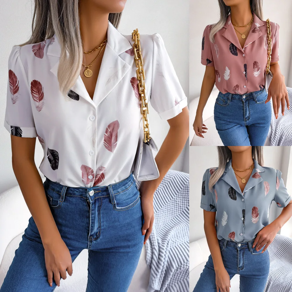 

2025 Summer Women's Short Sleeve Shirt Feather Printed Lapel T-shirt For Women Elegant Office Ladies Blousers Women's Tops