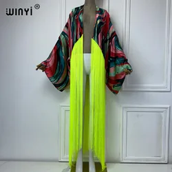 WINYI kimono boho fashion summer beachwear summer Classic print Bikini Cover-up Cardigan sexy Holiday long Sleeve tassels dress