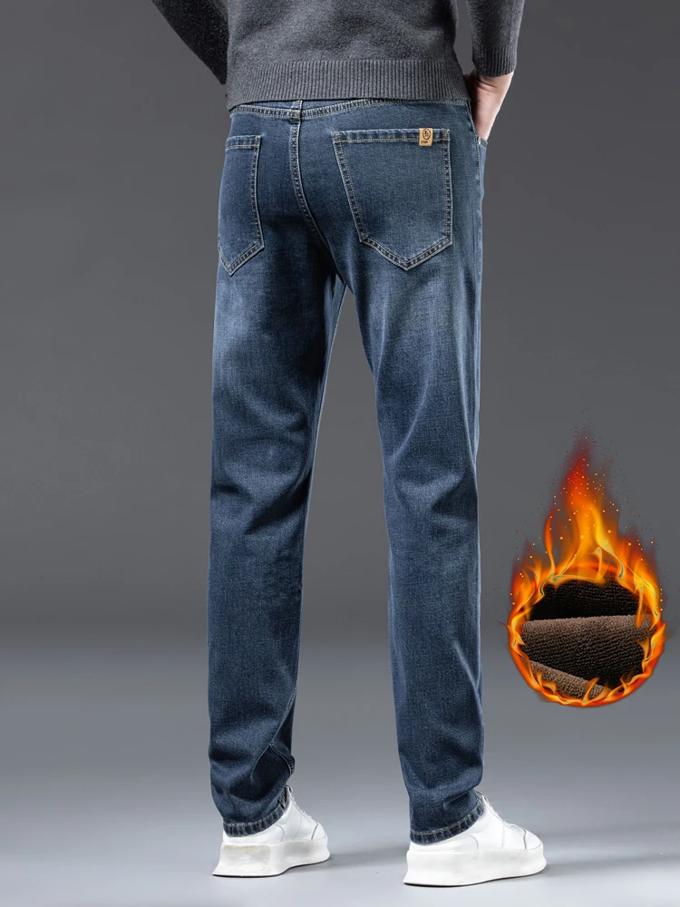 سميكة الصوف الجينز الرجال الشتاء مستقيم موضة عادية المخملية بنطلون مريح سليم العلامة التجارية الدافئة أفخم سراويل جينز #4