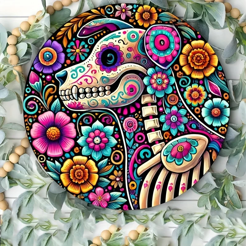 علامة دائرية خشبية ملونة ليوم الموتى الهيكل العظمي - تصميم زهور نابضة بالحياة، مثالية لتزيين المنزل والبار