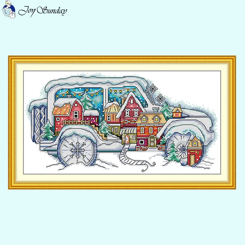 Joy Sunday Car Christmas House DIY Handmade Cross Stitch Kit Aida 14/16/11CT White Counted Canvas Printed Fabric Embroidery Set