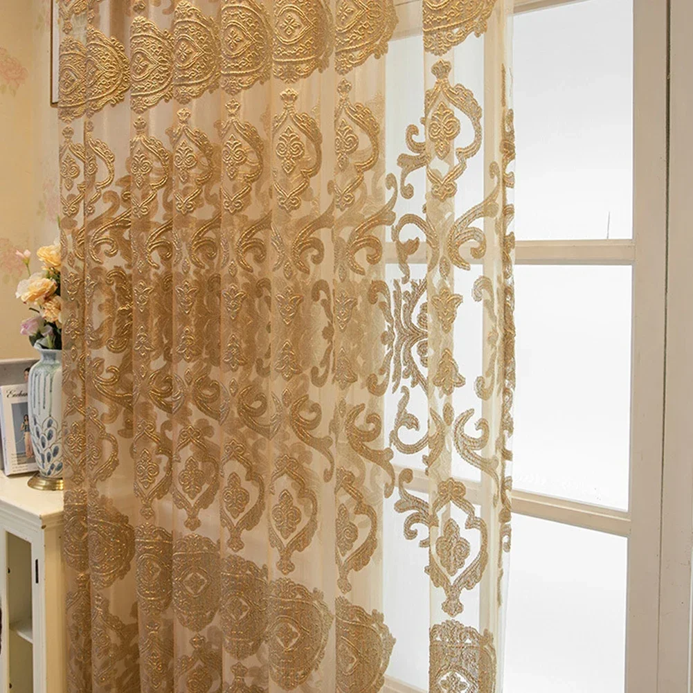 NAPEARL Luxury Embroidered Gold Jacquard Floral Sheer Curtains for Bedroom Window Drapes 1PC