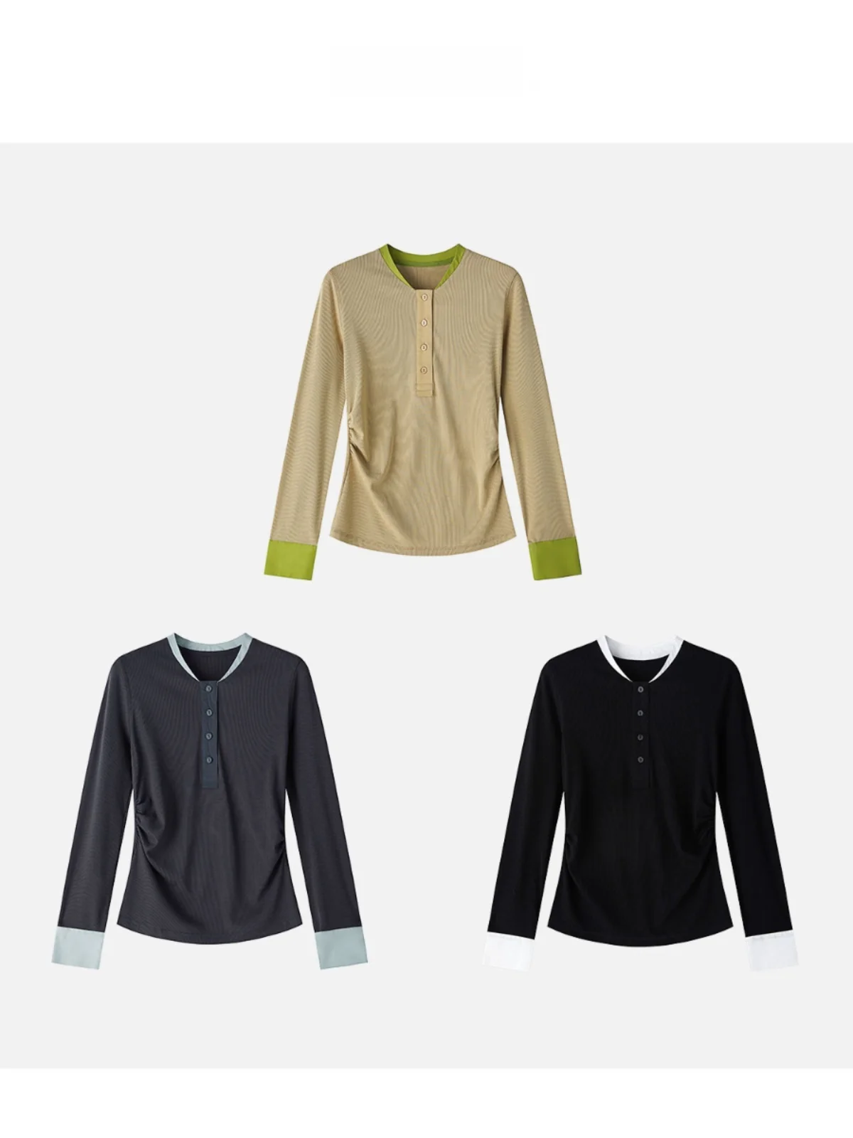 

JINGJING2025 New Retro Early Spring Tee-Color Slim Fit T-irt Soft Ribbed Patchwork Single Button Cotton Blend T-irt