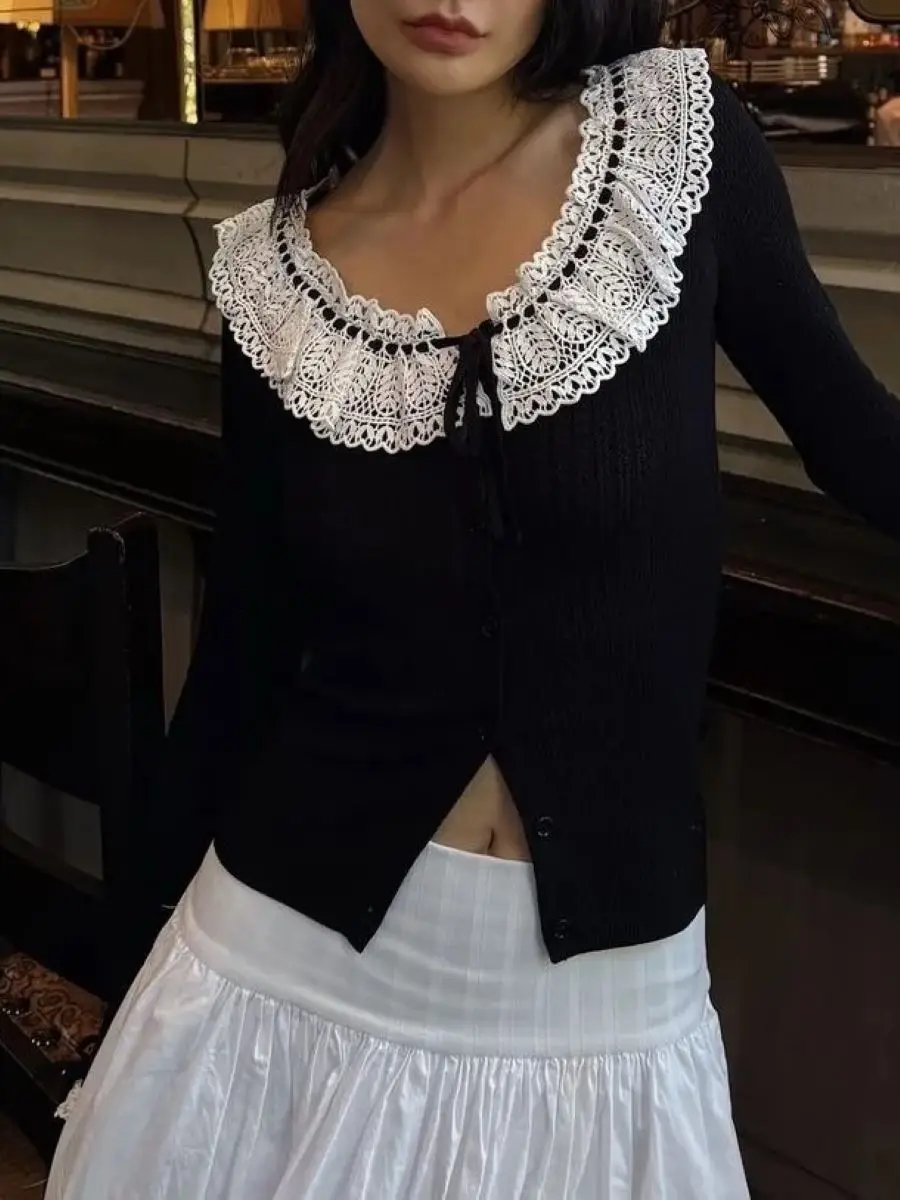 

Women Embroidery Patchwork Round Neck Long Sleeve Single Breasted Knitted Cardigan + High Waist A-Line White Long Skirt Suits