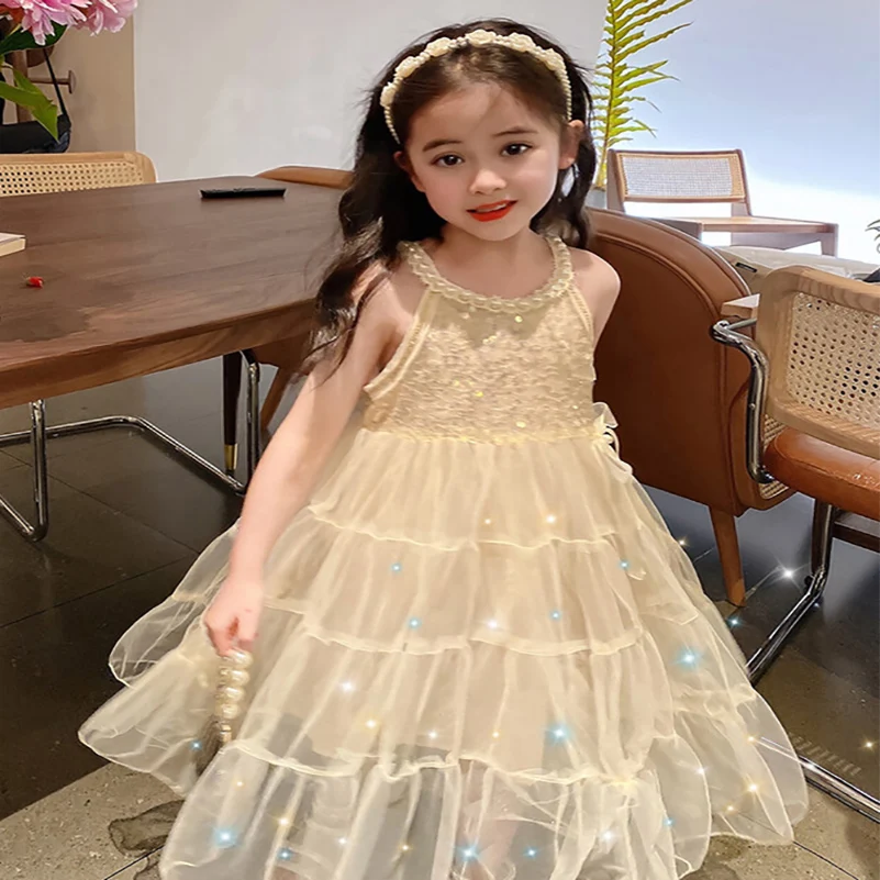 2024 Spring and Autumn Girls/Children\'s Wear Sleeveless White Pearl Strap Dress/Princess Dress 4-10 Years Old