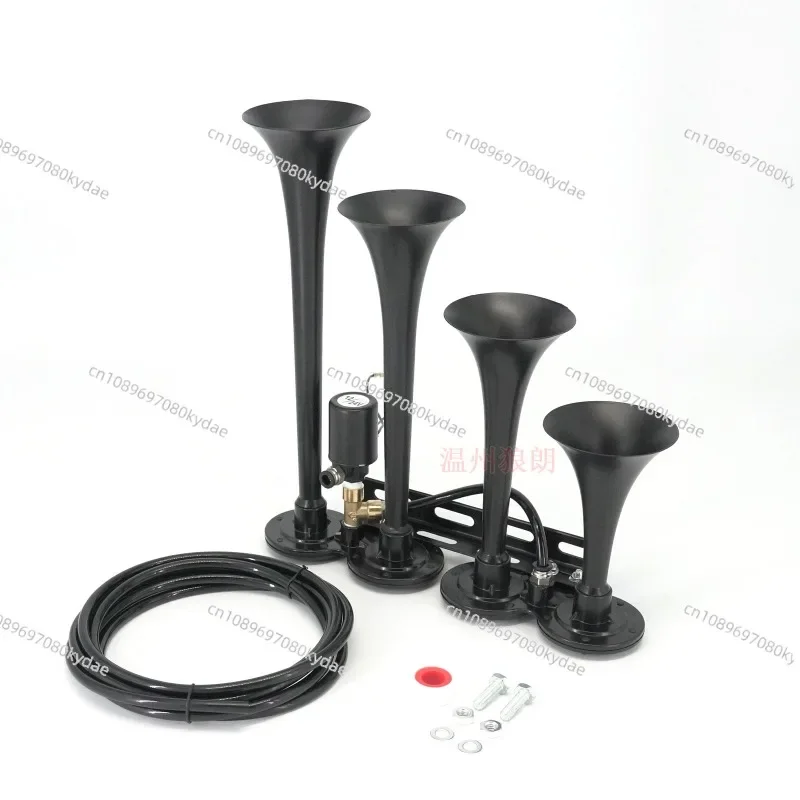 

12V/24V Long Row of Black Four-pipe Gas Horn, Metal Trachea with Solenoid Valve Car Truck Treble Whistle