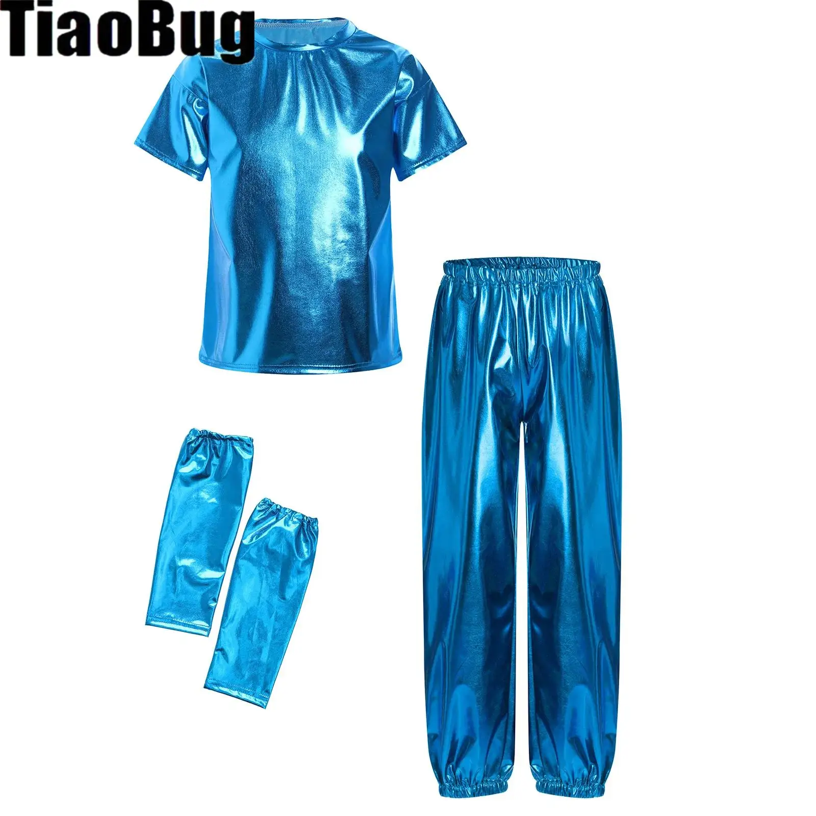 

Boys Girls Jazz Dance Outfits Costume Short Sleeve Metallic Shiny T-shirt with Pants Gloves for Performance Dancewear