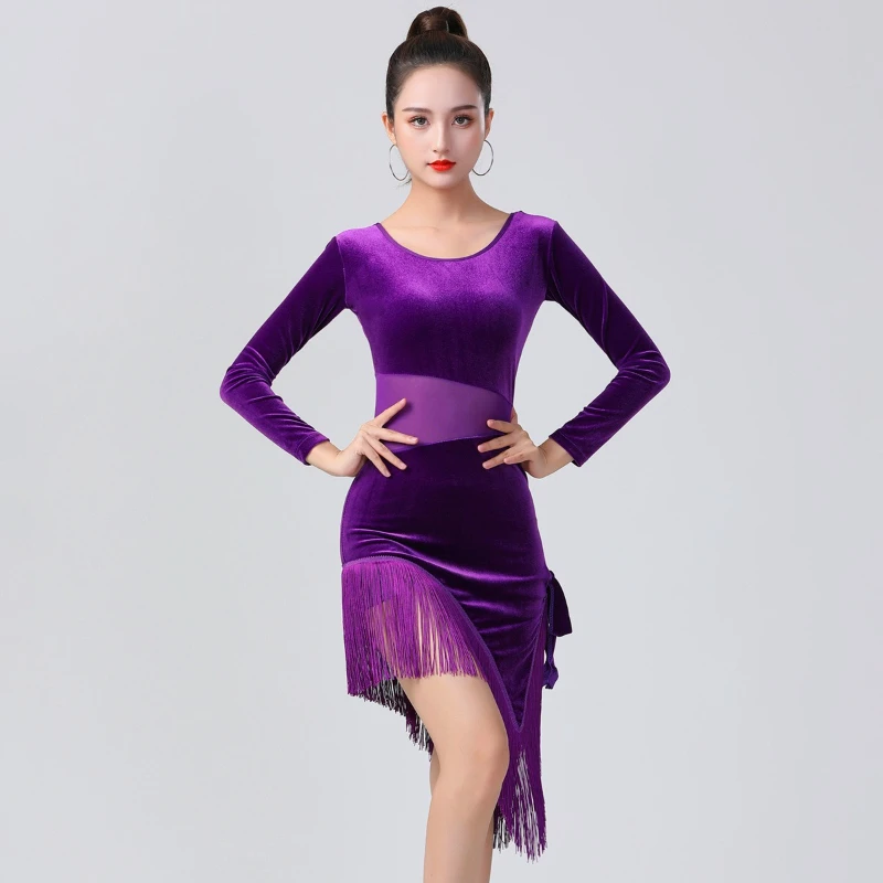 

Senior Comfortable Slim Latin Dance Costumes Female Adult South Korean Velvet Fringe Dance Performance Sexy Mesh Splicing Dresse