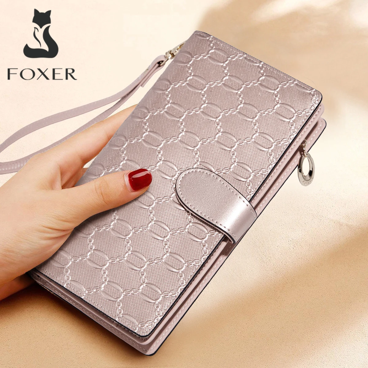 FOXER Luxury Embossed Women Long Wallet Split Leather Female Zipper Cellphone Bag Large Multi Card Slots Ladies Clutch Purse