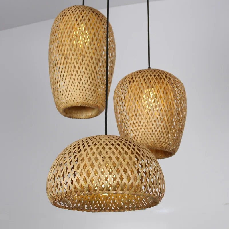Natural Rattan Wicker Ceiling Chandeliers Chinese Bamboo Lampshade Pendant Lamps Hand Woven E27 Lighting Fixtures Hanging Lights