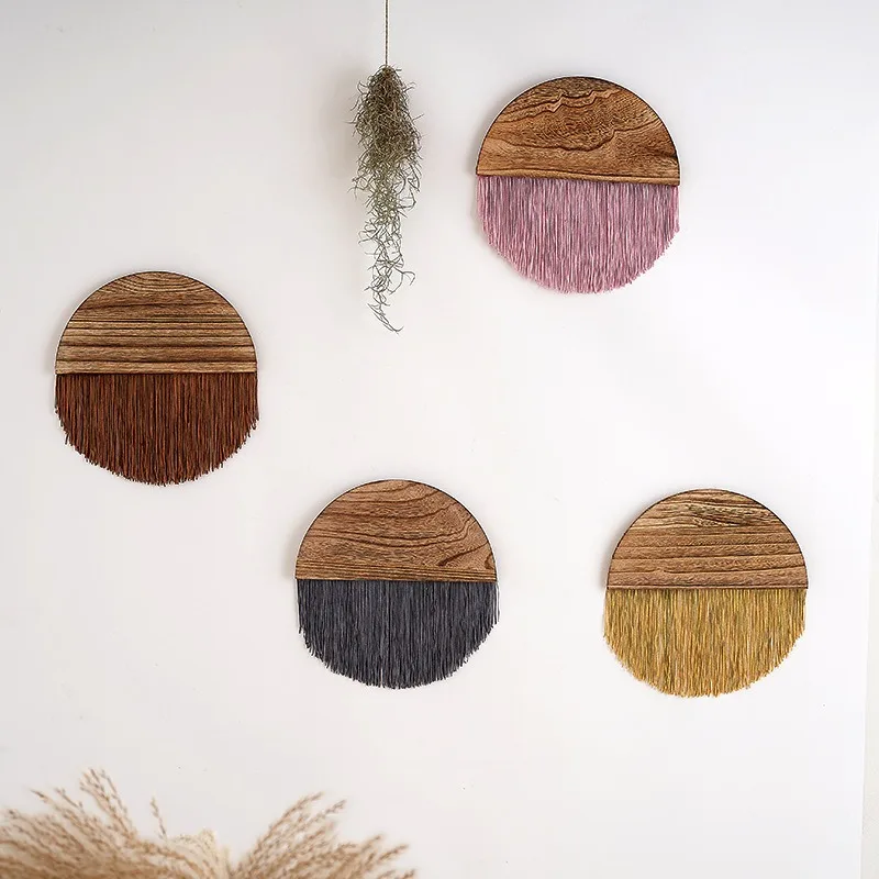 Modern Minimalist Fringe Wall Hanging Bohemian Style Semi-Circle Wood Form Handcrafted Decor Creative Cotton Hanging Decoration