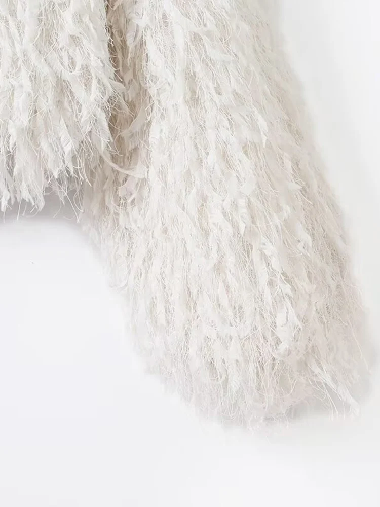 معطف نسائي جديد على الطراز الأوروبي أنيق ومتعدد الاستخدامات بأكمام طويلة مع زخارف من الريش وخيط معدني. #6