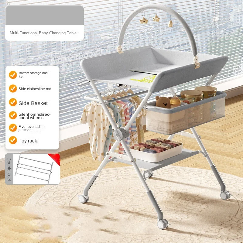 Baby Changing Table, Foldable, Sturdy, Height Adjustable 96–104 cm, Multifunctional with Side Storage Basket, Wheels, Toy Rack