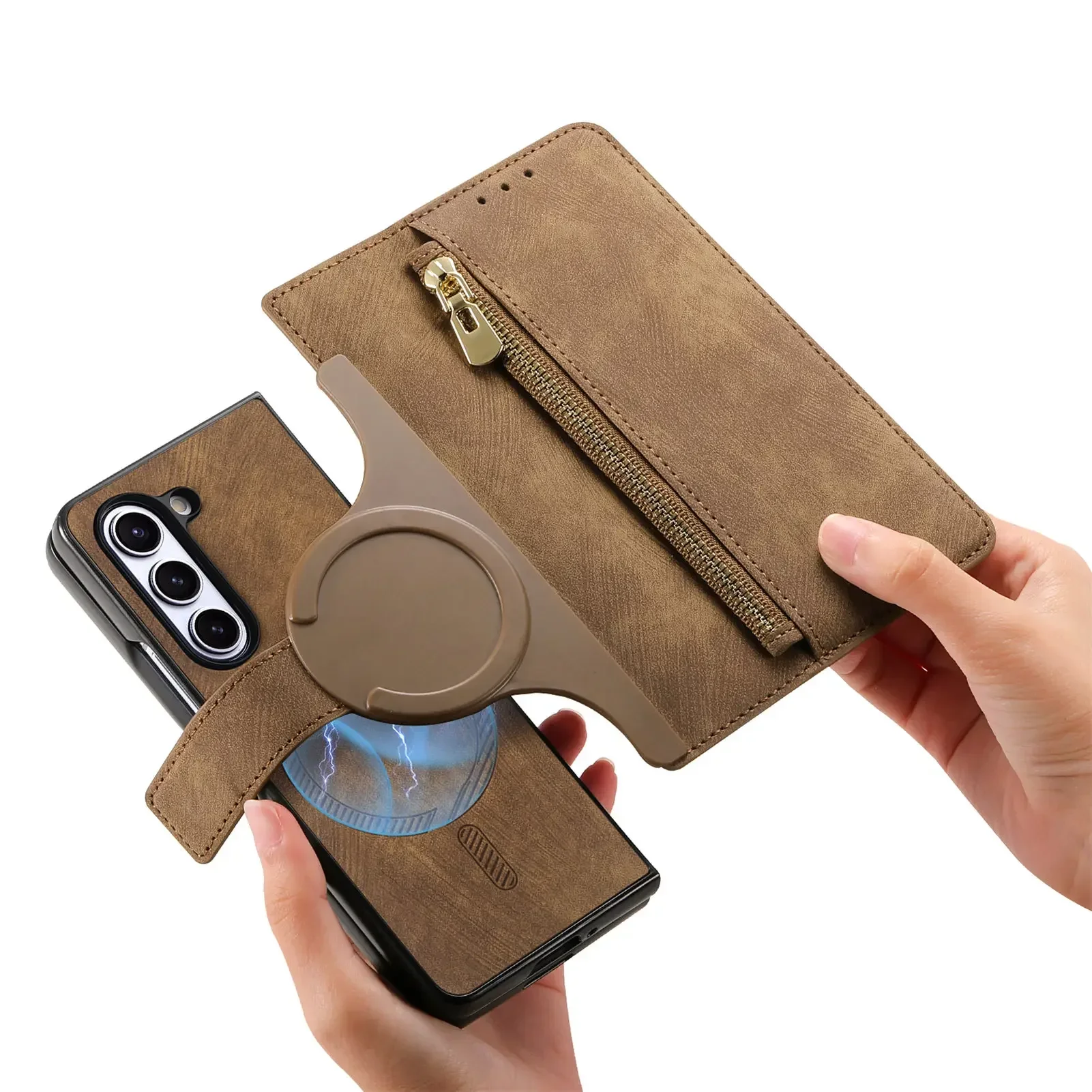 For Samsung Galaxy Z Fold 7 6 5 4 3 5G Wireless Charging Bag Purse Cover 2 in 1 Magnetic Zipper Cards Solt Wallet Leather Case