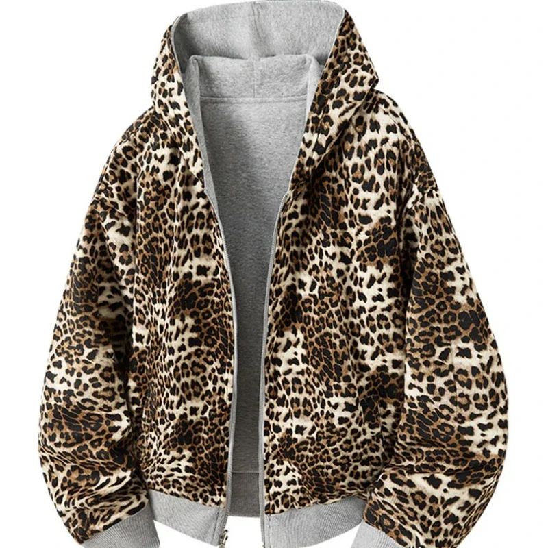 

ew Leopard Print Dou blesidedr Men's Hoodies Hooded Lager Pockets Zipper Reversible Contrast Color MaleJacke