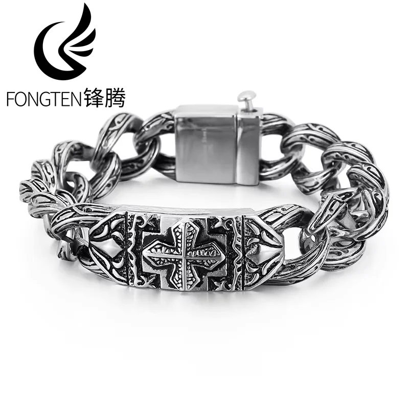 

Fongten 22.5cm Chain Bracelet For Men Stainless Steel Male Cross Chain Bracelets Bangle Silver Color Retro Totem Jewelry