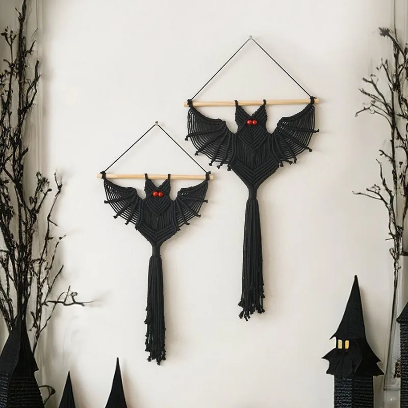 Halloween Dark Series Tapestry Hand‑woven Bat With Red Eyes Creative Wall Hanging Decor