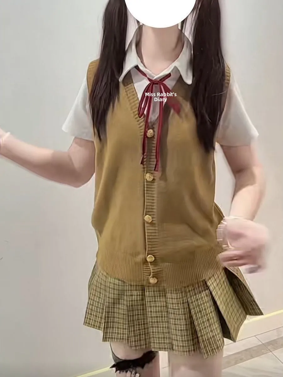 

JK Uniform Style Short Sleeve Knitted Cardigan Vest Top Set Breathable Casual Fashion College Girl's Ensemble