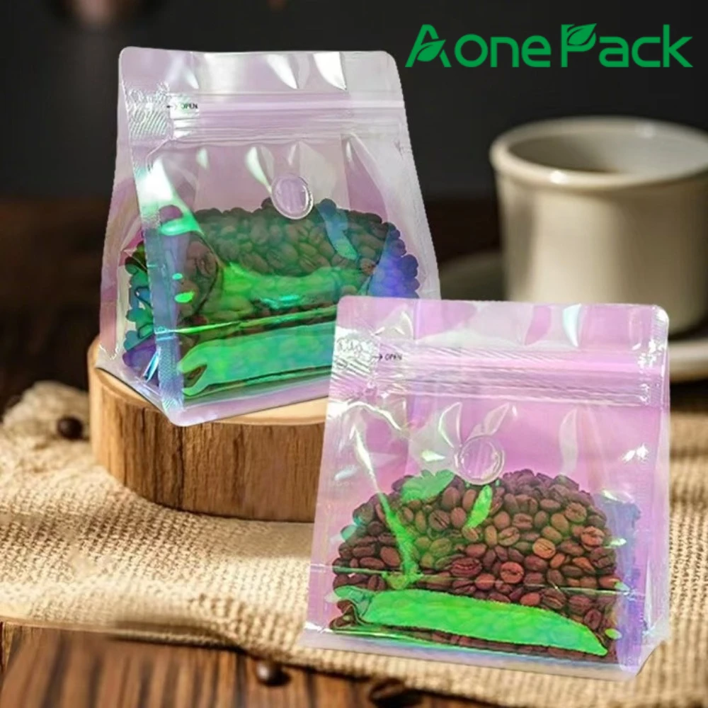 100pcs Holographic Coffee Bean Roast Bag 50g 125g 250g 500g with Valve Aluminum Foil Food Tea Nuts Cutsom Mylar Storage Bag
