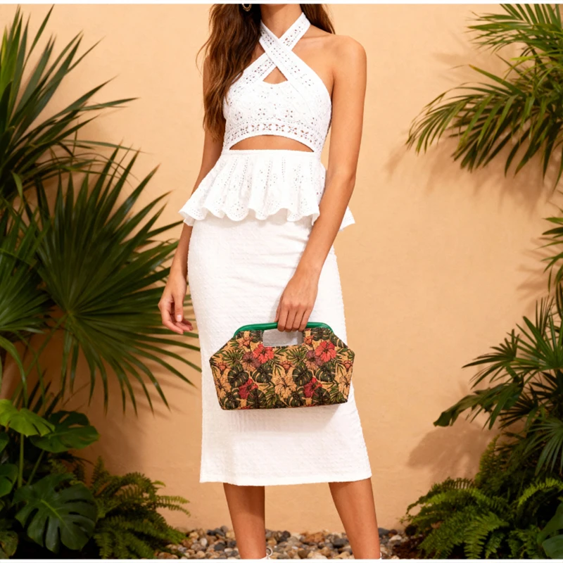 Handtasche mit Obergriff, Clutch aus gewebtem Stroh, Hobo-Tasche in Ahornblatt-Farbblock-Design, Damen-Sommermode-Abendtasche mit Farbkontrast – Detail 15
