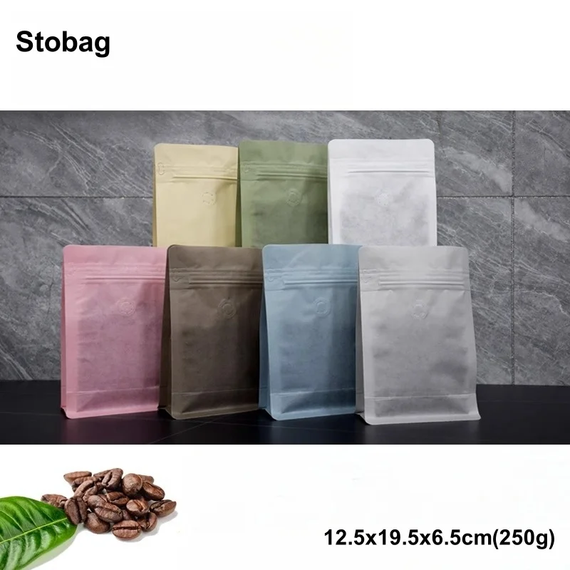 

StoBag 50pcs 250g Color Cotton Paper Coffee Beans Bags Packaging with Valve Sealed for Powder Nuts Storage Reusable Pouches