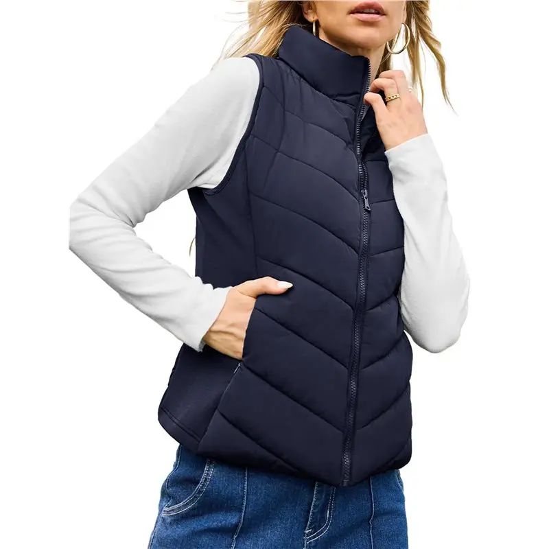 

CYL-Puffer Vest Women Sleeveless Zip Up Outerwear Stand Collar Quilted Vest Warm Winter Coats With Pocket