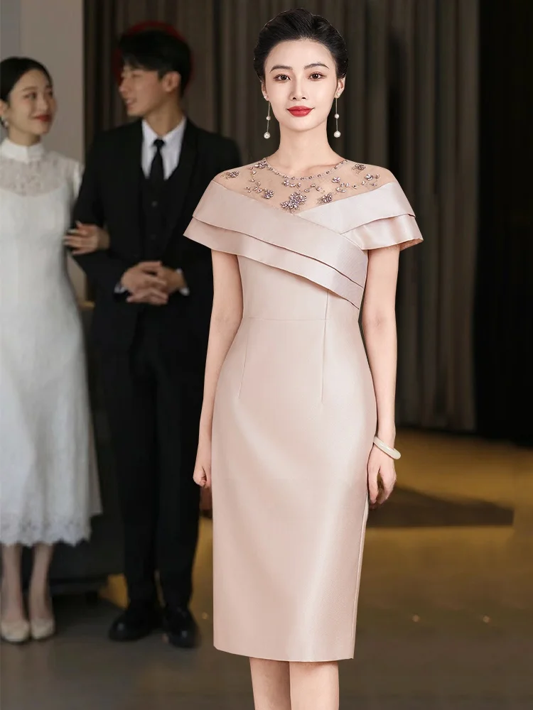 

Elegant Wedding Dress for Mom High-Quality Mid-Length Ball Gown Breathable Polyester Fiber round Neck Zipper Closure Party Dress