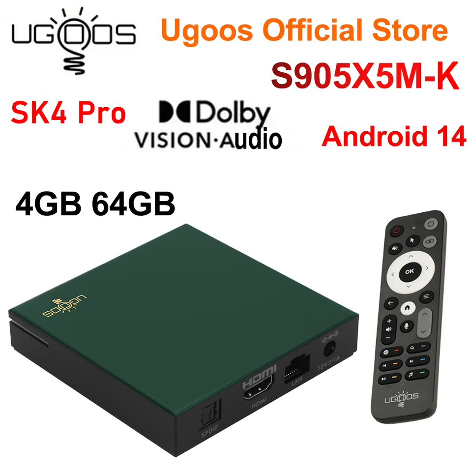  Ugoos SK4 Pro Smart TV Box Android 14 Amlogic S905x5M-K LPDDR4 4GB 64GB 2.4G/5GWifi BT5.4 Dolby Vision Audio Widewine L1 Support