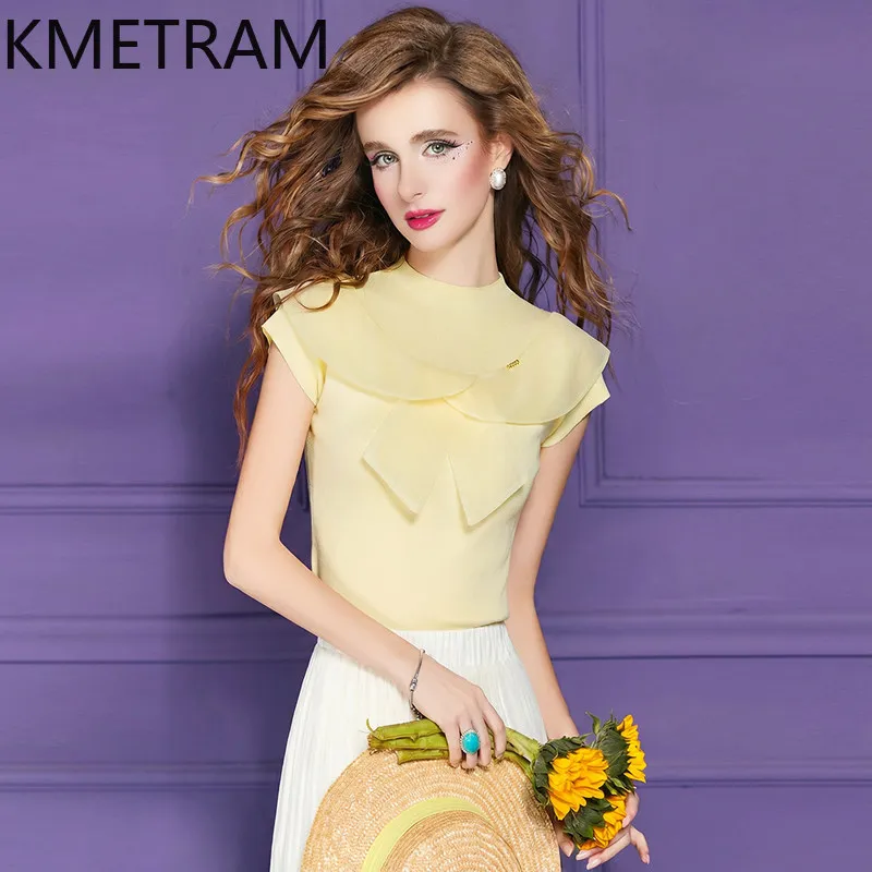 KMETRAM Elegant Knit Women T Shirts Fashion Bow Ruffle Cap Sleeve Summer Tops Casual T Shirt 2026 New Woman Clothes ropa mujer