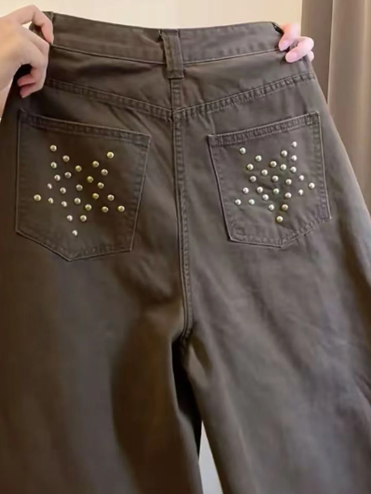 

Brown High Waist Wide Leg Jeans Women Loose Slimming Draping Floor-Length Straight Casual Long Pants Back Pocket Rivet