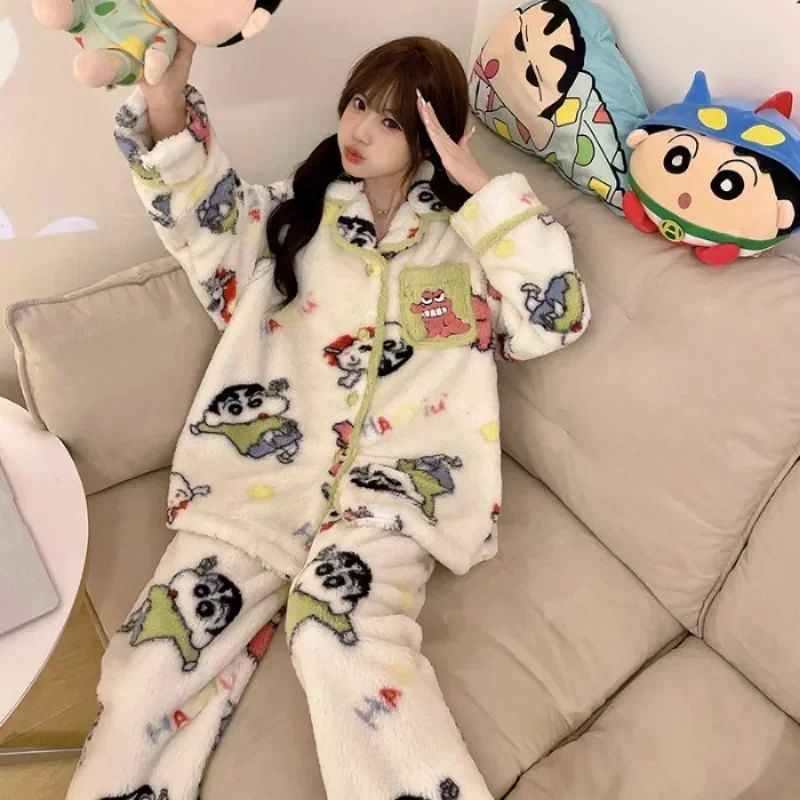 Chiikawa Hachiware Flannel Long-sleeved Pajamas Cute Cartoon Thickened Lapel Cardigan The Home Bedroom Is Comfortable and Warm